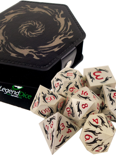 Legend Dice: Poly Dice Set with Hex Case - Metal Dragonfire Silver Black